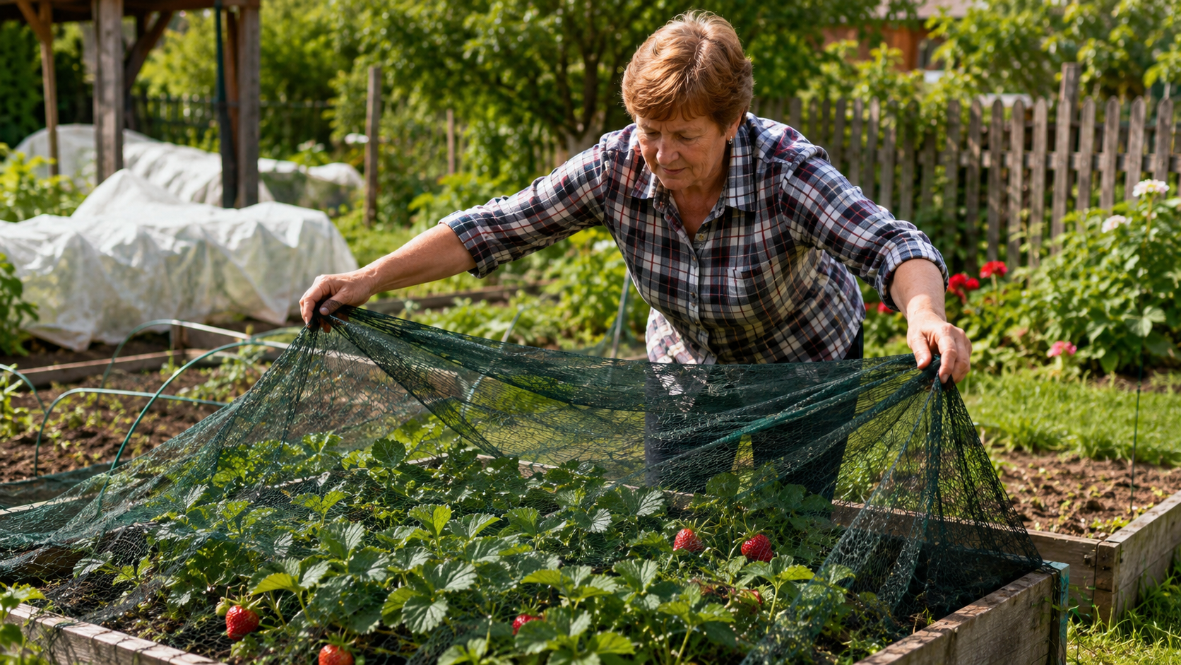 Rozwijanie siatki ochronnej nad grządką z truskawkami
